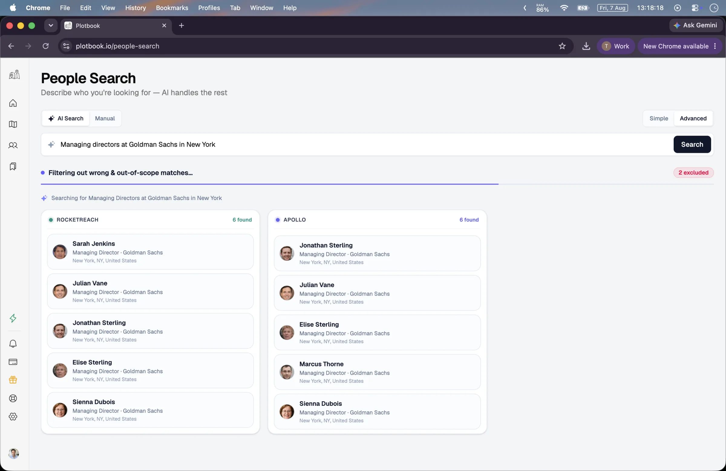 Plotbook's natural-language people search showing results assembled from multiple professional-data providers.