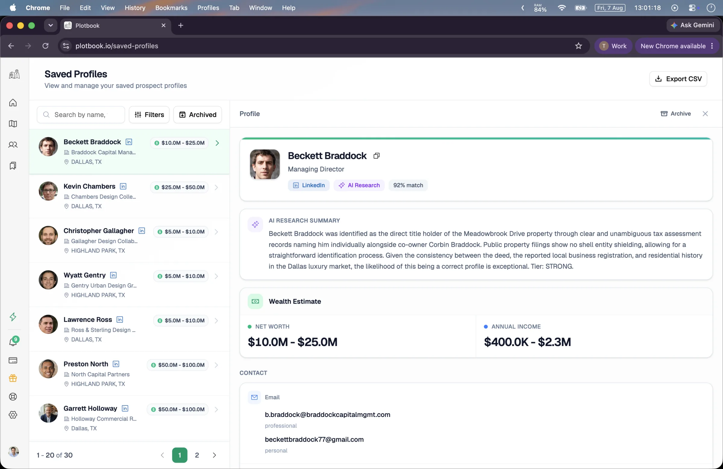 Plotbook's saved-profiles view with contacts, source labels, and range-based wealth estimates.
