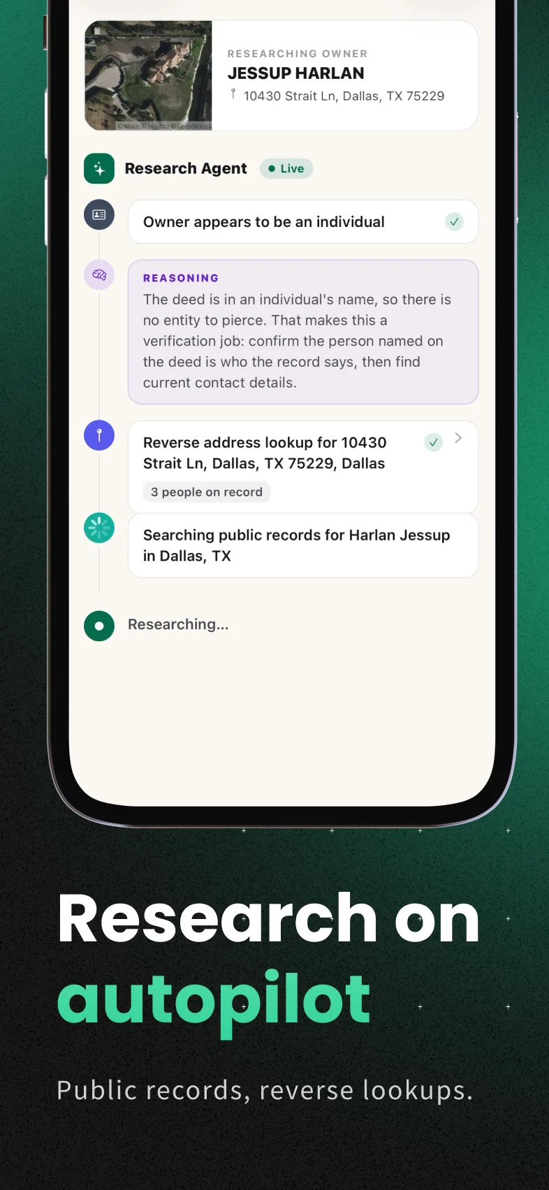 Plotbook on iPhone showing an owner-research run continuing through public-record checks.