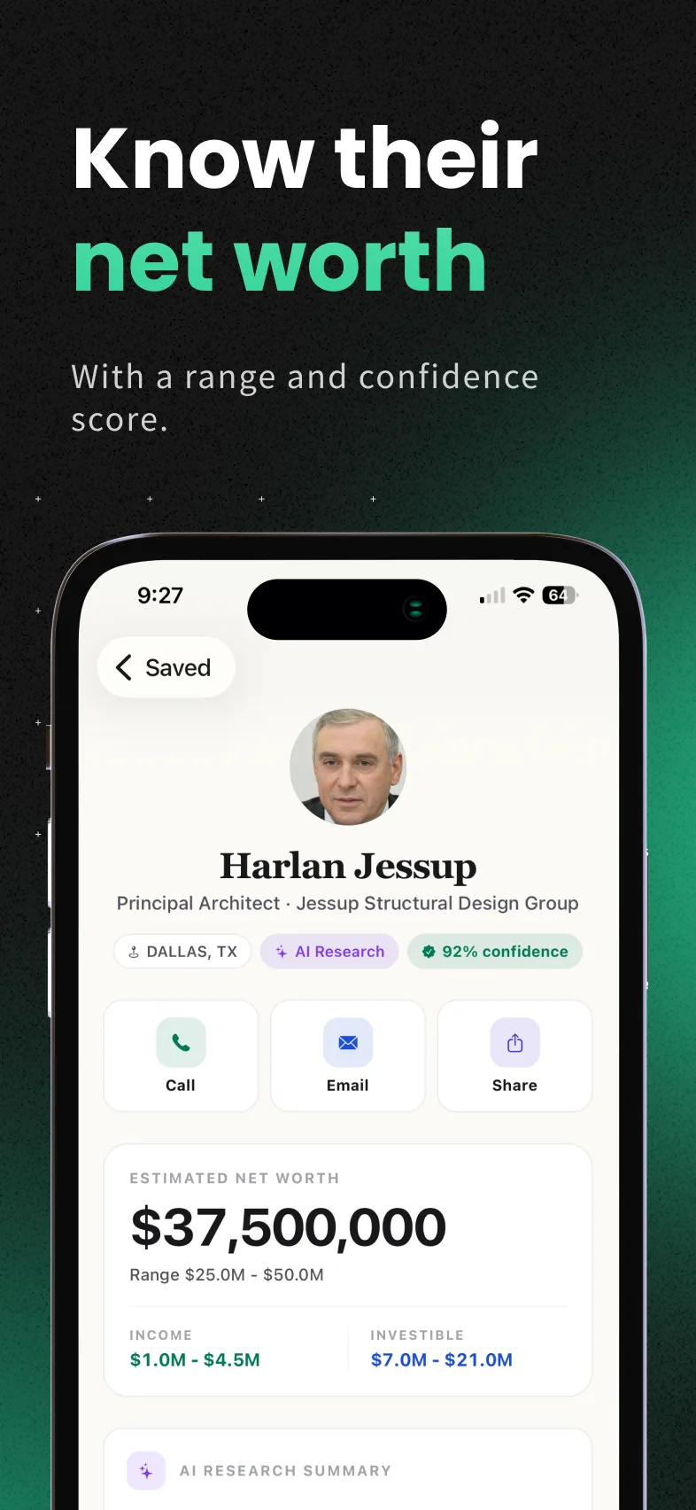 Plotbook on iPhone showing an illustrative profile with estimated net worth, investible assets, income, and confidence.