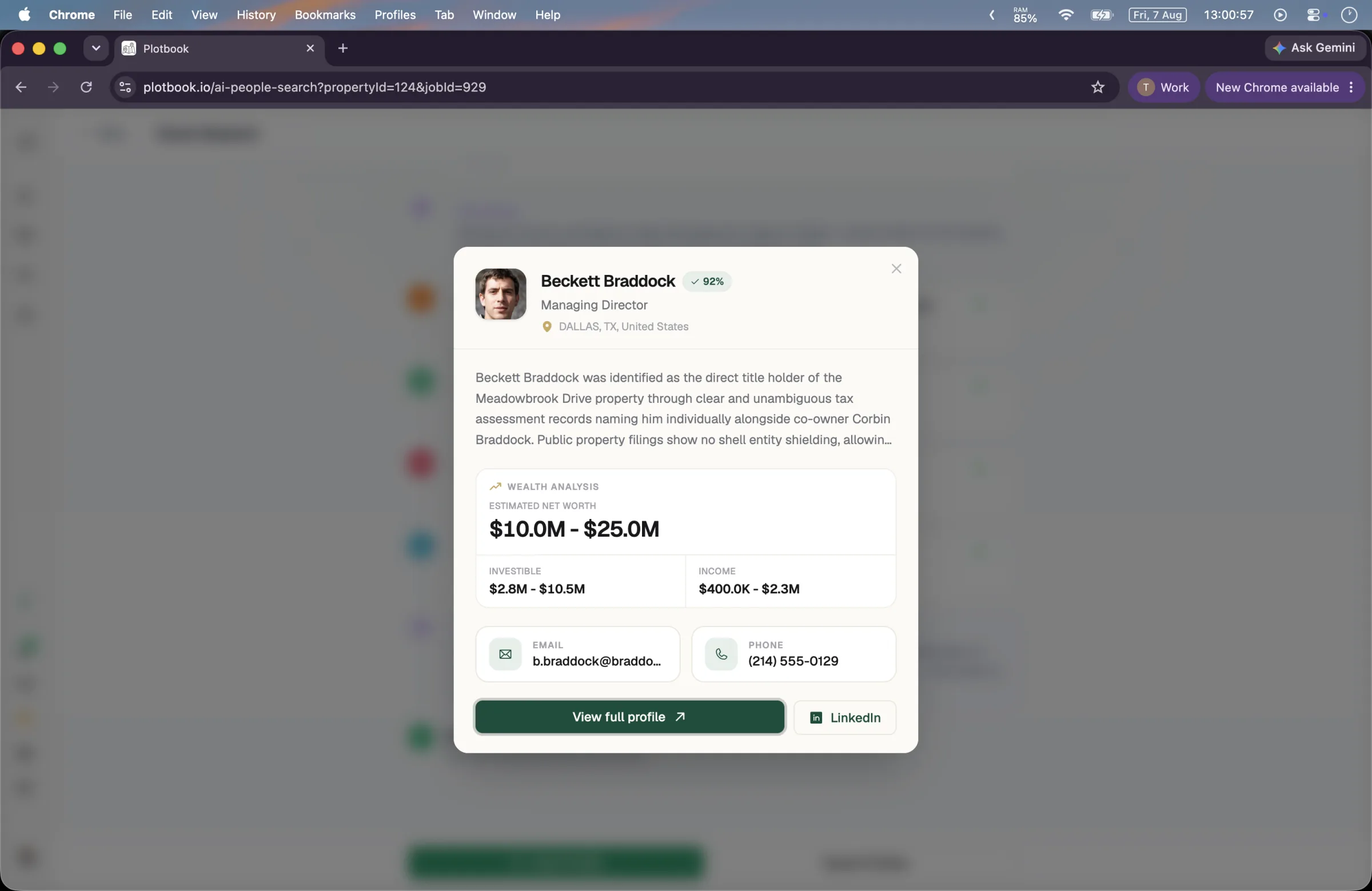 An illustrative Plotbook profile showing separate wealth ranges, confidence, and a research summary.