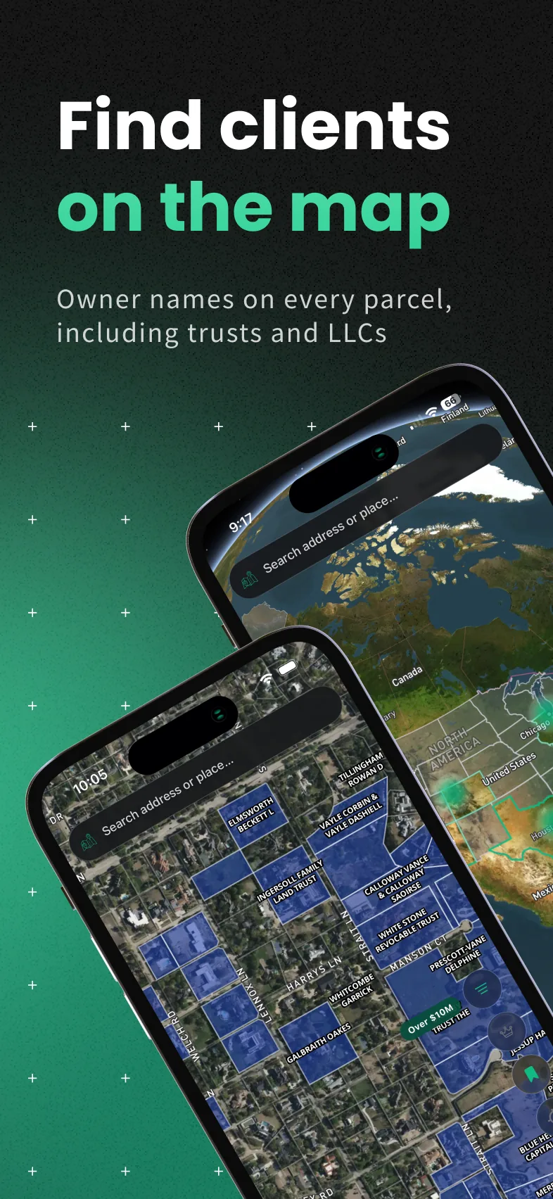Plotbook on iPhone showing a map of assessed-value-filtered parcels in the advisor's territory.