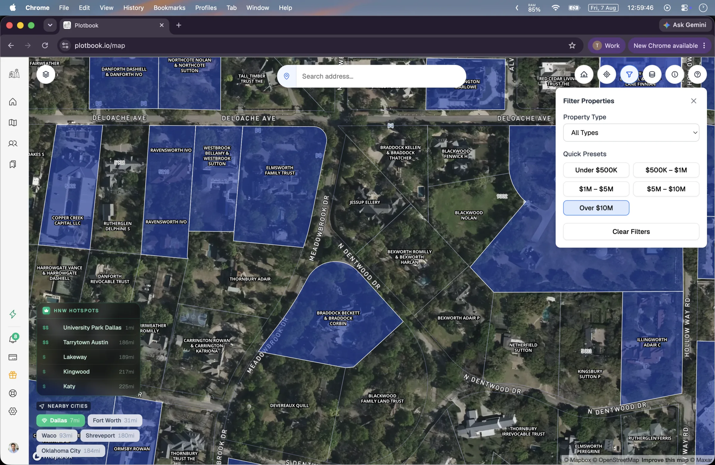Plotbook's parcel map showing street-level property boundaries and owner labels inside a defined territory.