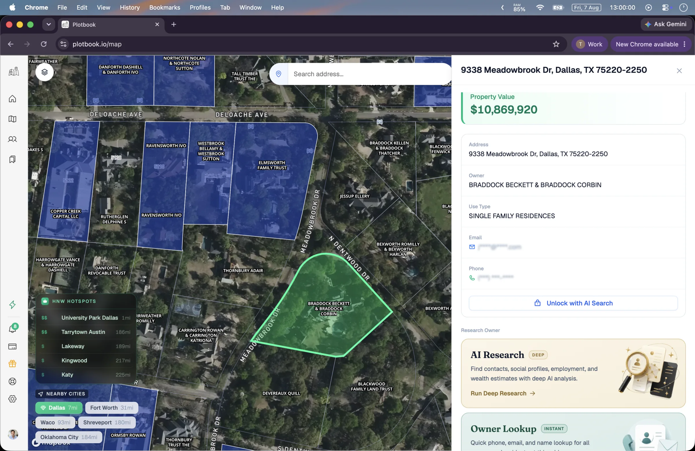 Plotbook's parcel drawer showing assessed value, deed owner, and the two paths for instant owner lookup or deeper research.