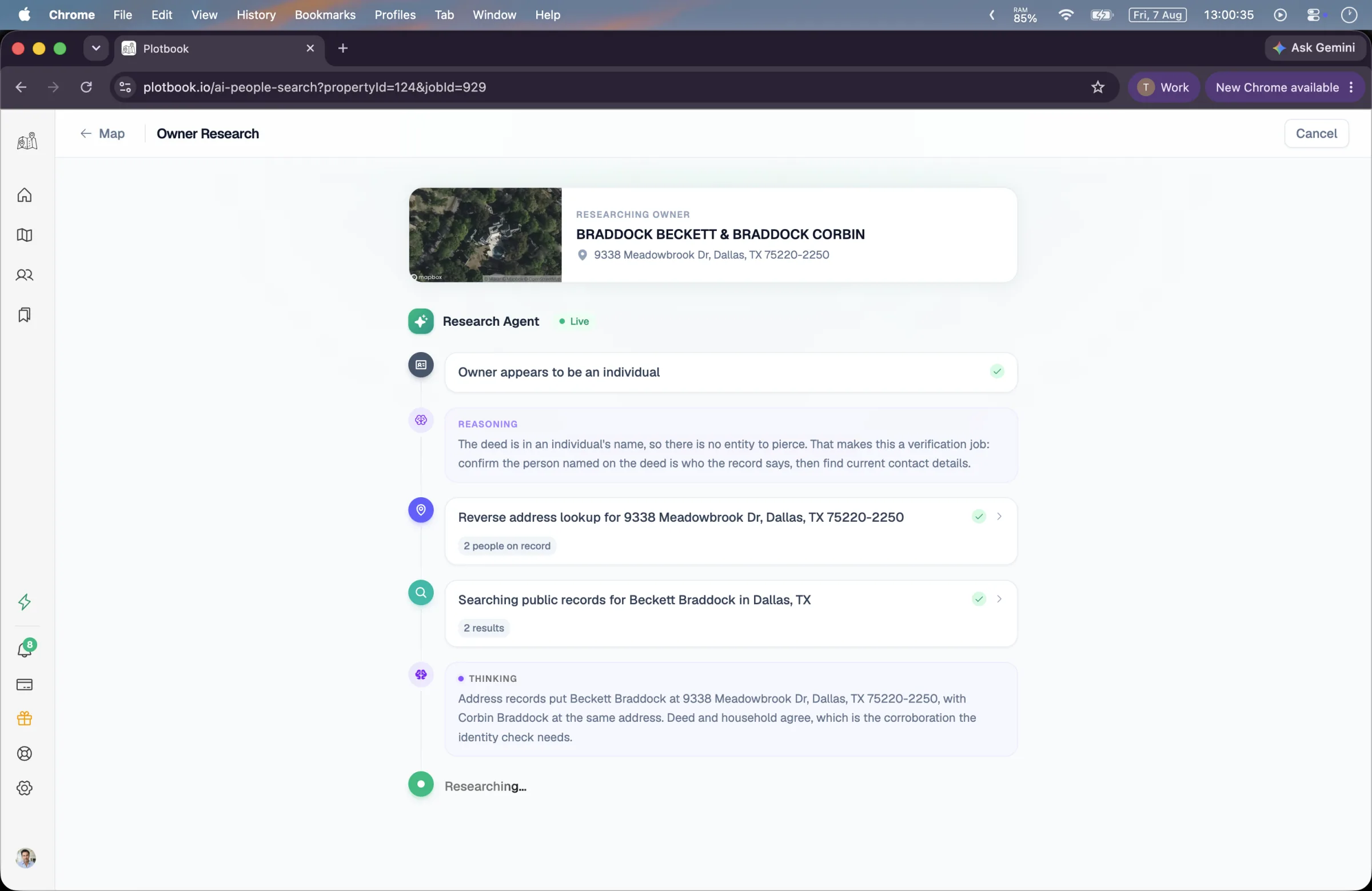 Plotbook's AI owner research timeline showing a sequence of source-backed research steps.